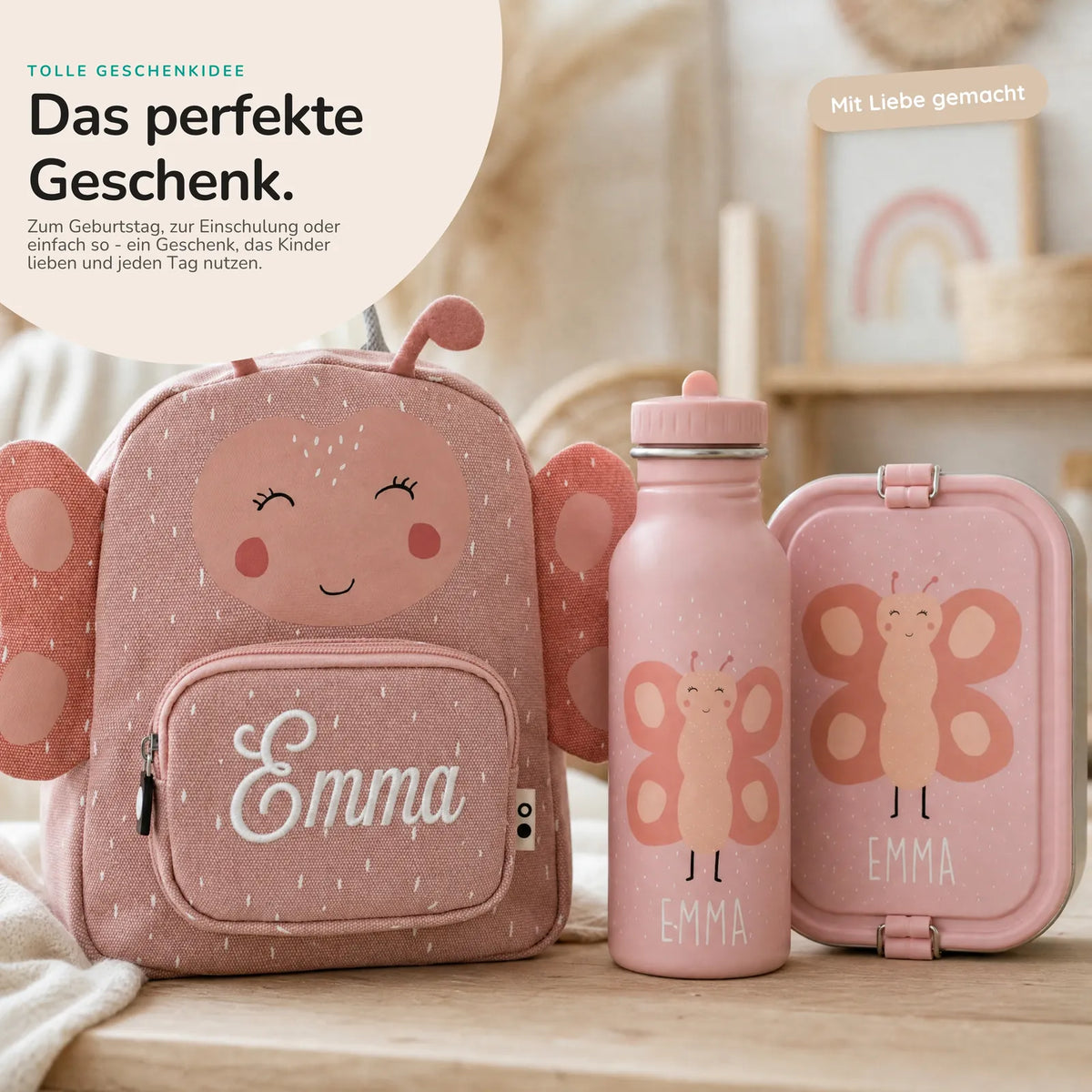 Trixie Kindergarten Set Schmetterling, Kita-Set mit Rucksack, Brotdose und Trinkflasche