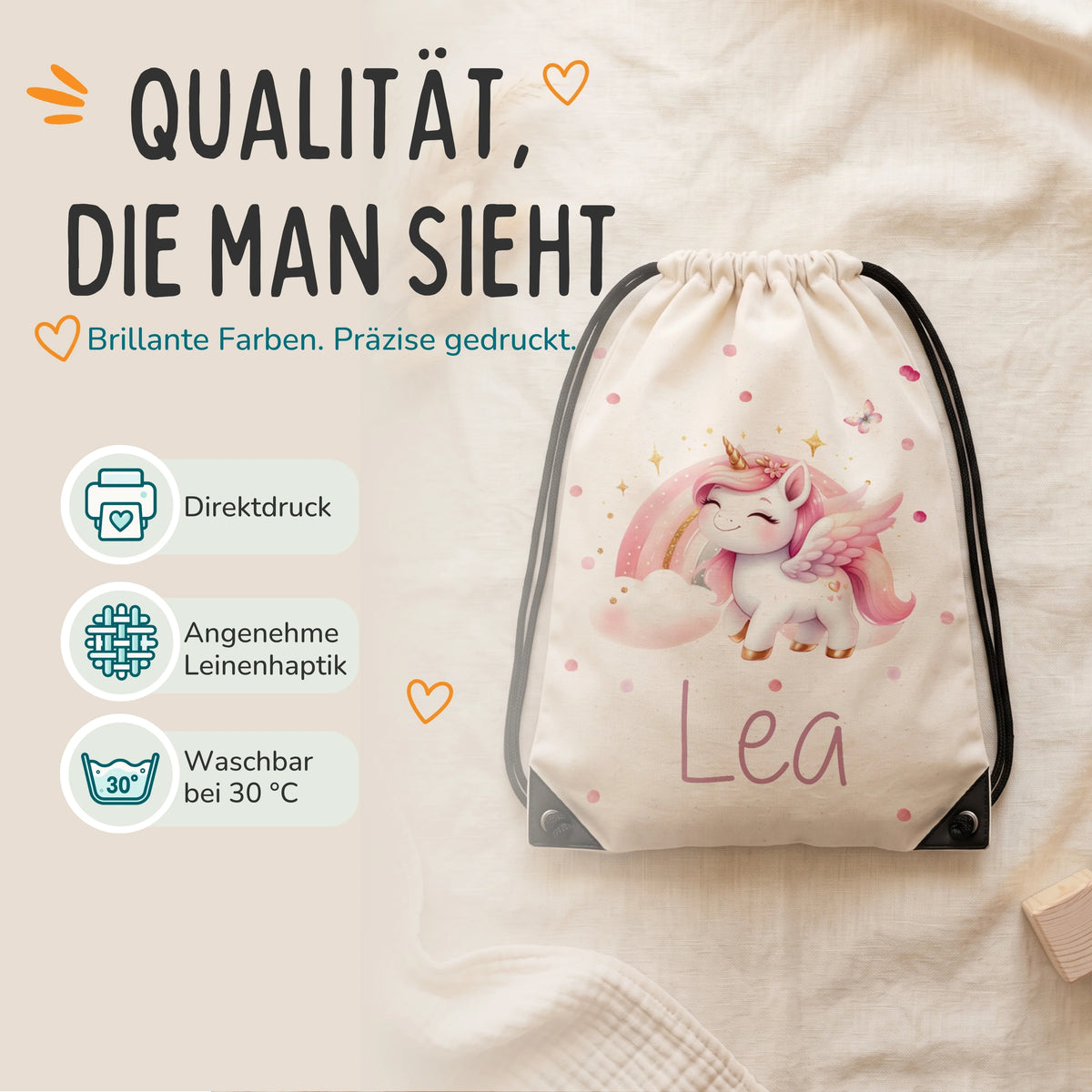 Personalisierter Turnbeutel Zauberhaftes Einhorn, Direktdruck auf Polyester mit Leinenhaptik, waschbar bei 30 °C