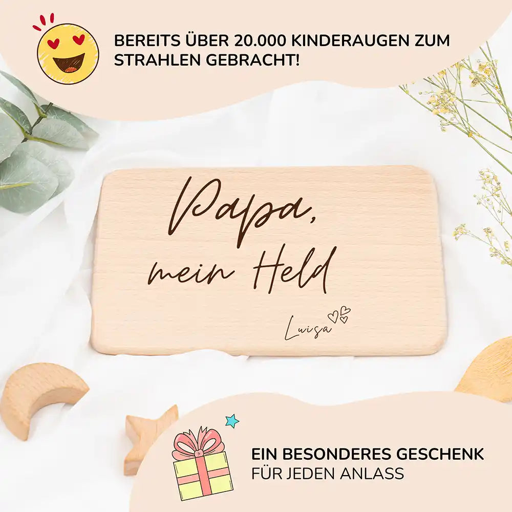 Frühstücksbrettchen Holz Papa mein Held mit Gravur - Geschenk Vatertag
