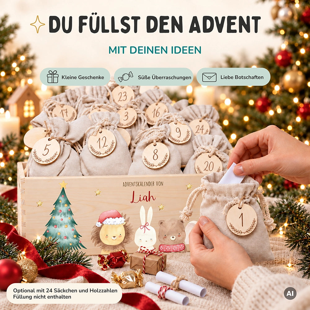 Adventskalender zum Befüllen "Weihnachten mit weihnachtlichem Tiertrio" personalisiert