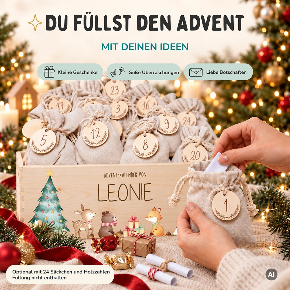 Adventskalender zum Befüllen "Waldtiere um den Weihnachtsbaum" personalisiert