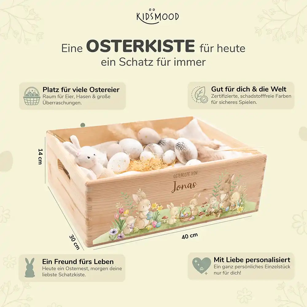Osterkiste Holz personalisiert - Hasenfamilie im Wald