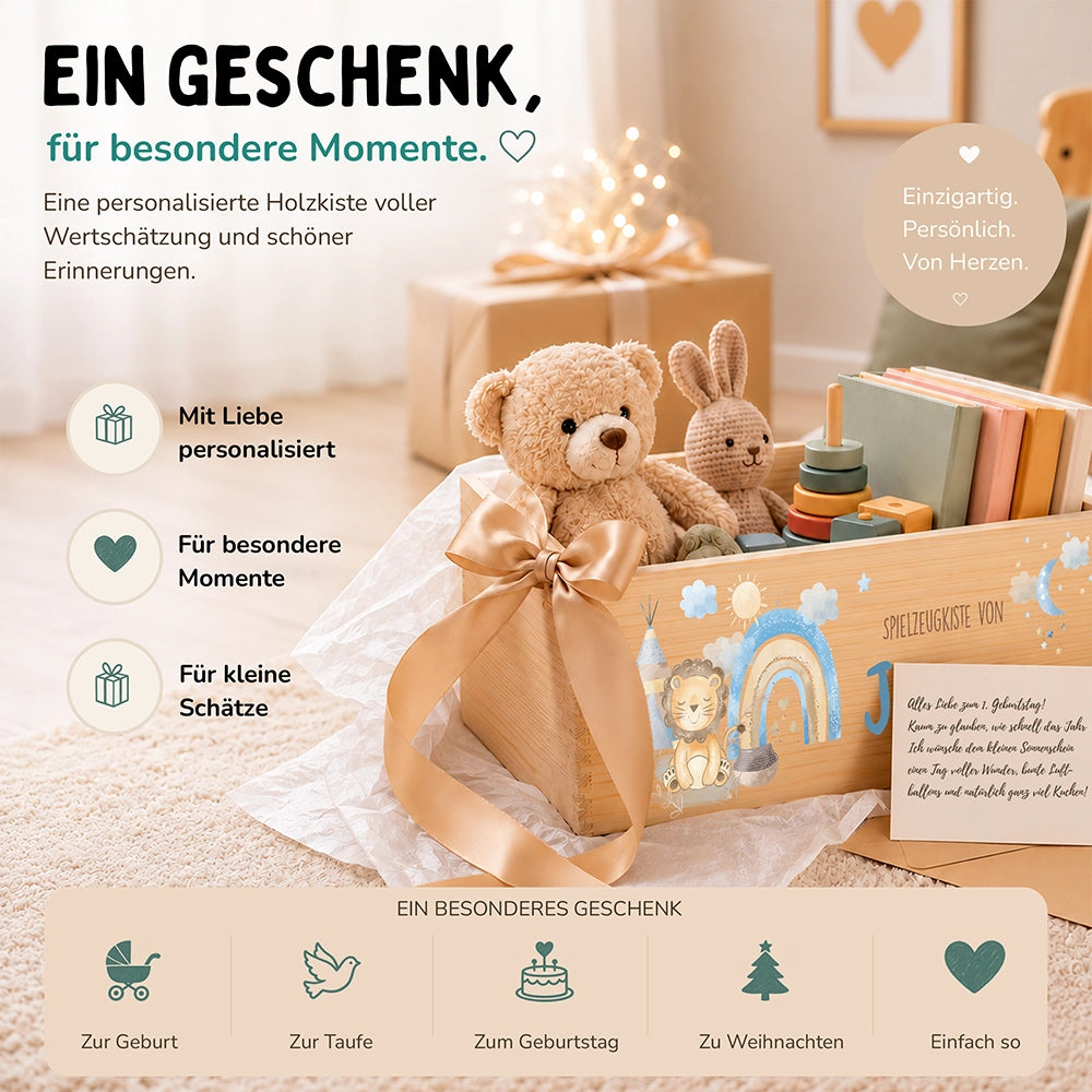Spielzeugkiste personalisiert mit Namen - Löwe mit Regenbogen