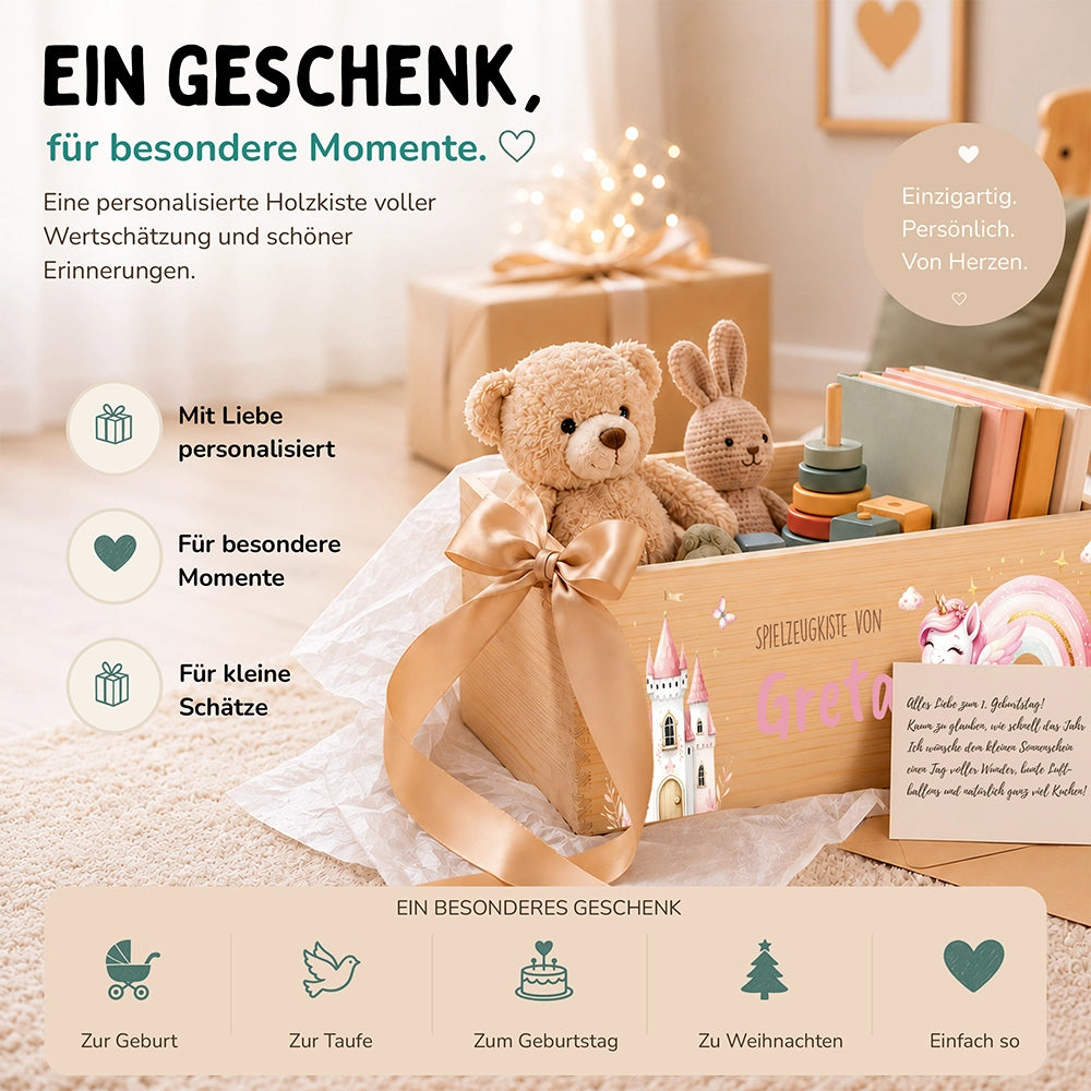 Spielzeugkiste personalisiert mit Namen - Einhorn Zauberwelt