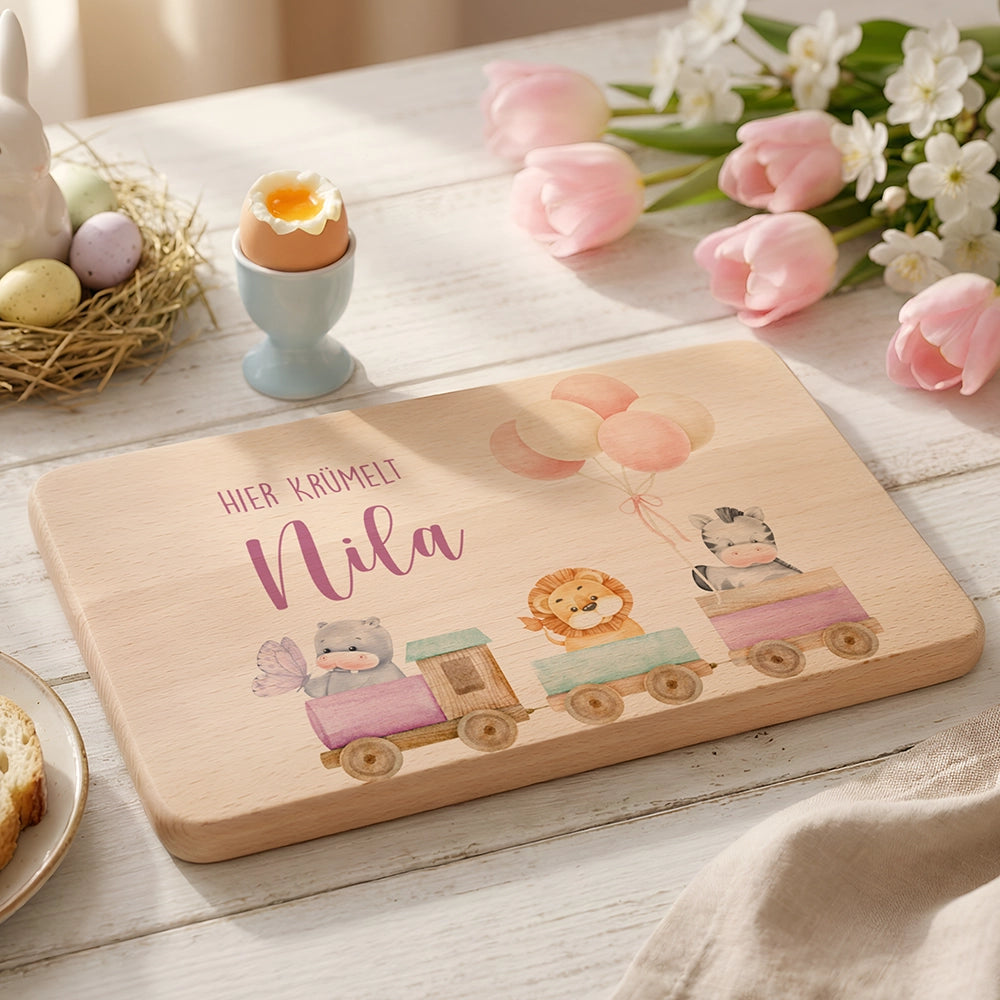 Frühstücksbrettchen Holz personalisiert - Tiere Eisenbahn