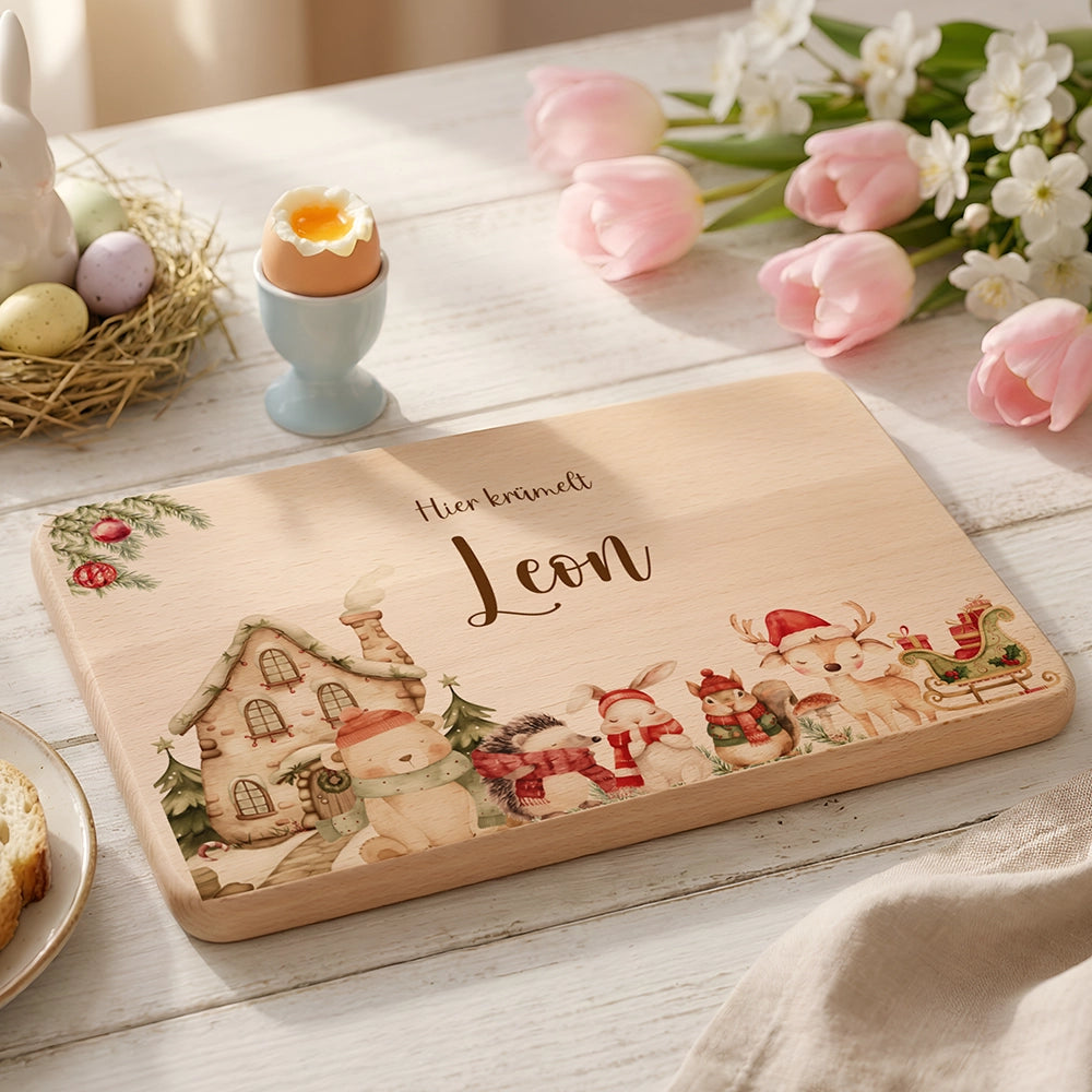 Frühstücksbrettchen Weihnachten Winterdorf mit Tieren - Geschenk Weihnachten