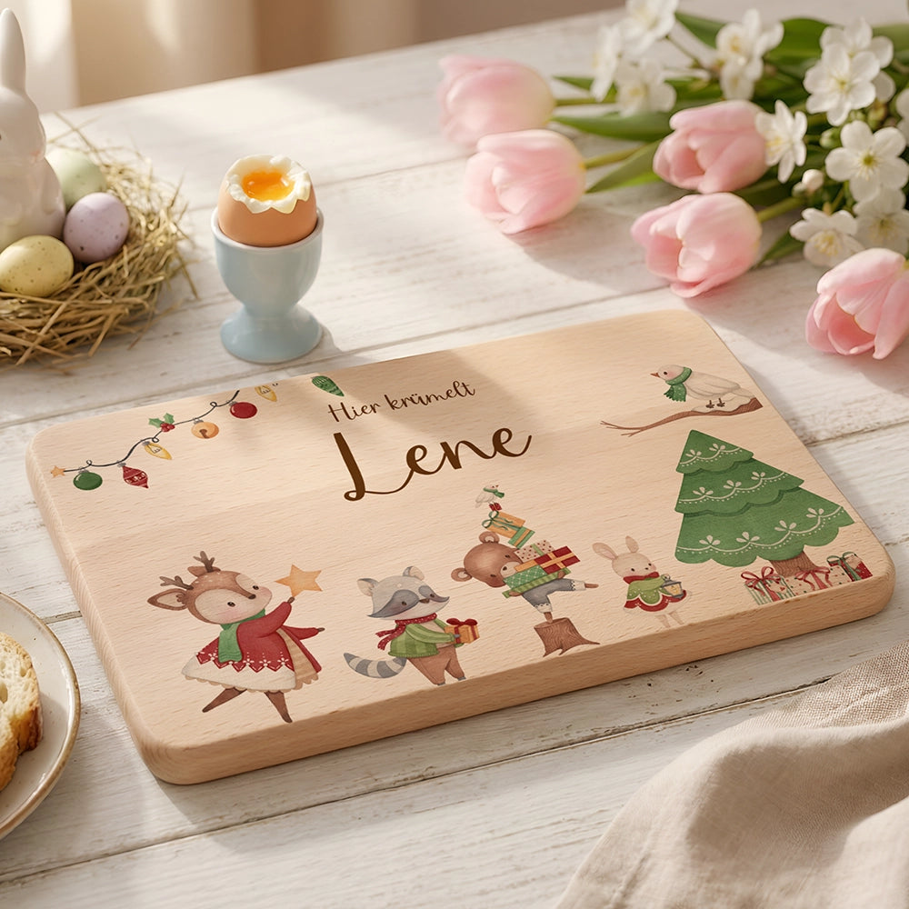 Frühstücksbrettchen Weihnachten Tiere und Weihnachtsbaum - Geschenk Weihnachten