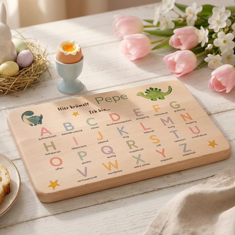 ABC Brettchen Kinder personalisiert – Dinosaurier pastell