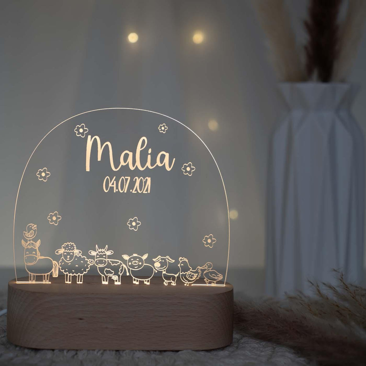 nahaufnahme der nachtlampe mit bauernhof und namen
