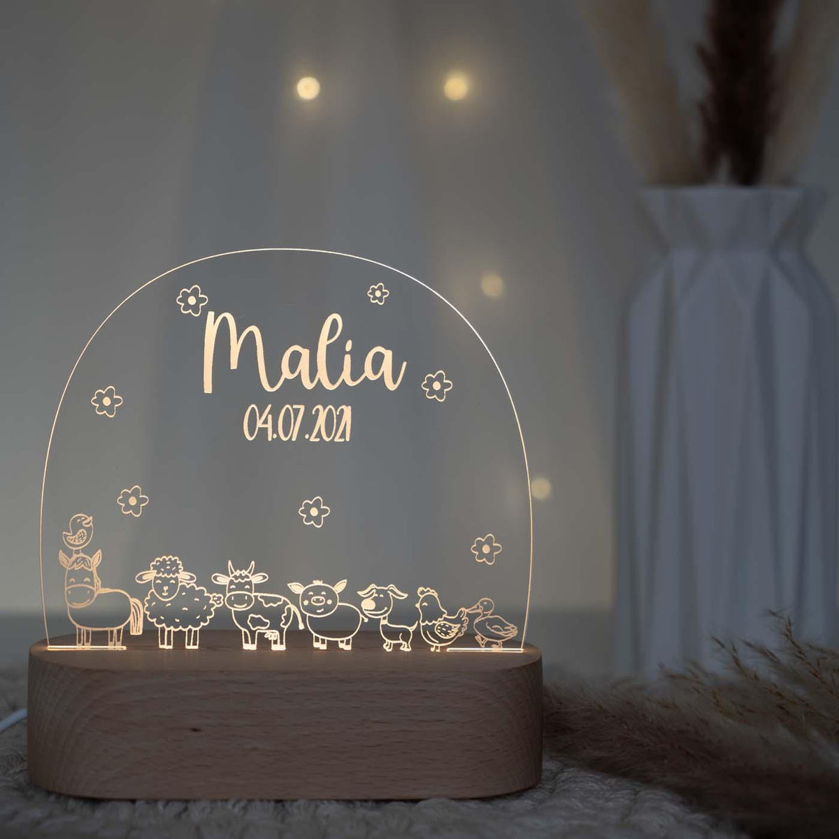 nahaufnahme der nachtlampe mit bauernhof und namen