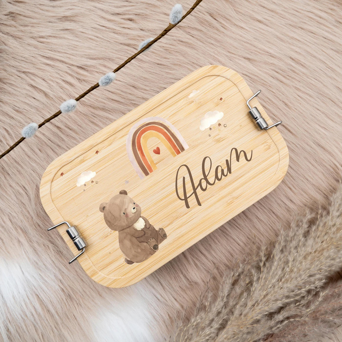 Brotdose Kinder personalisiert - Boho Bär Regenbogen