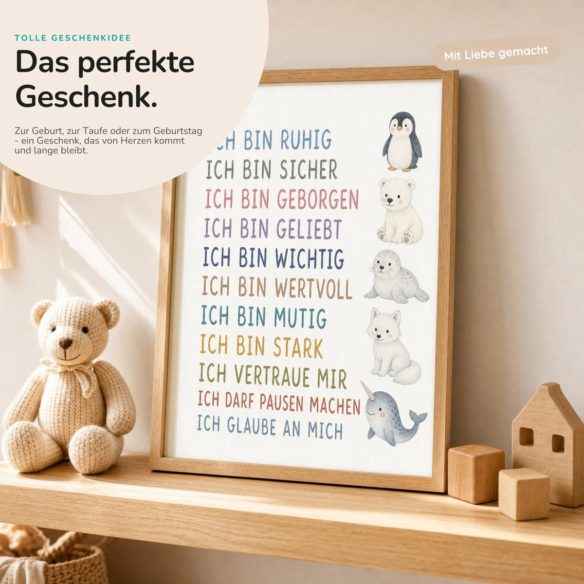 Affirmationsposter „Arktistiere“ mit Teddy – Geschenk zur Geburt oder Taufe