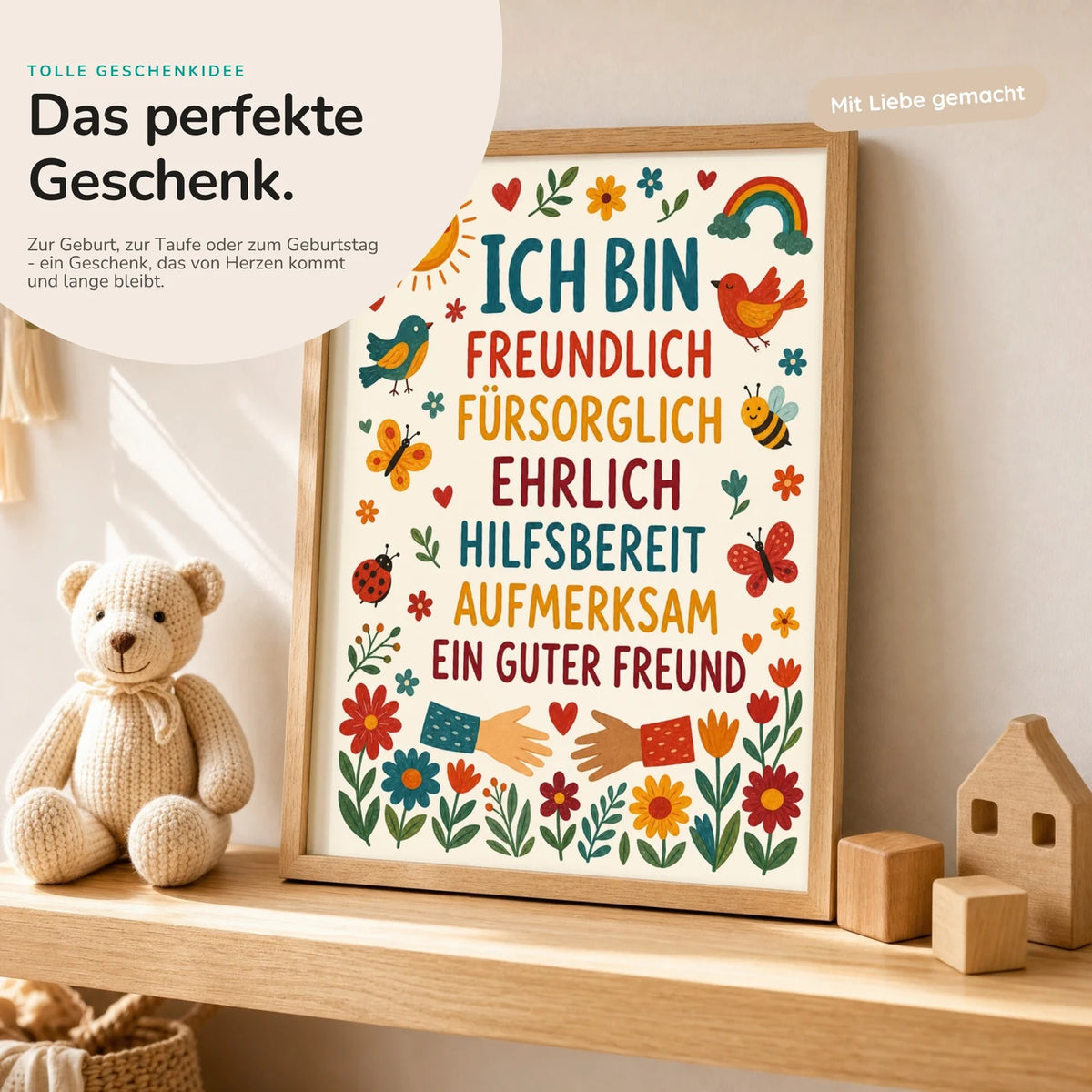 Affirmationsposter „Blumen Ich bin freundlich“ mit Teddy – Geschenk zur Geburt oder Taufe