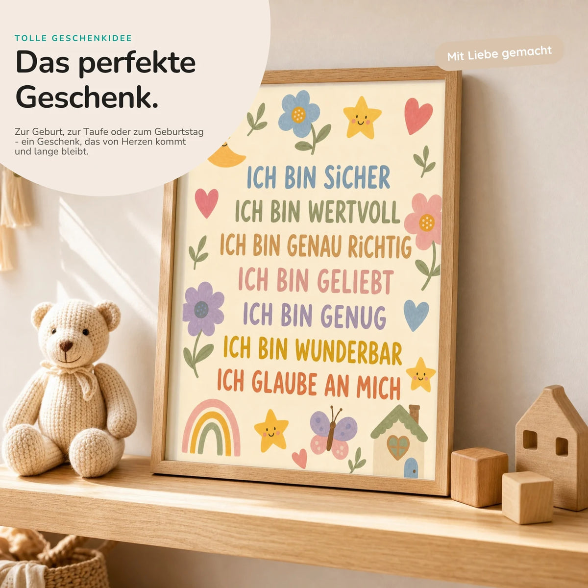 Affirmationsposter „Blumenwiese Ich bin sicher“ mit Teddy – Geschenk zur Geburt oder Taufe