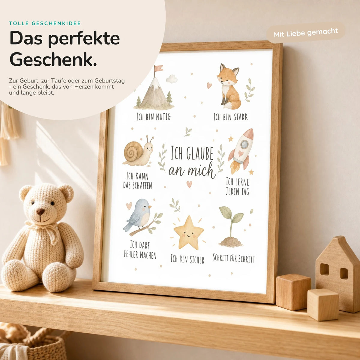 Affirmationsposter „Collage Ich glaube an mich“ mit Teddy – Geschenk zur Geburt oder Taufe