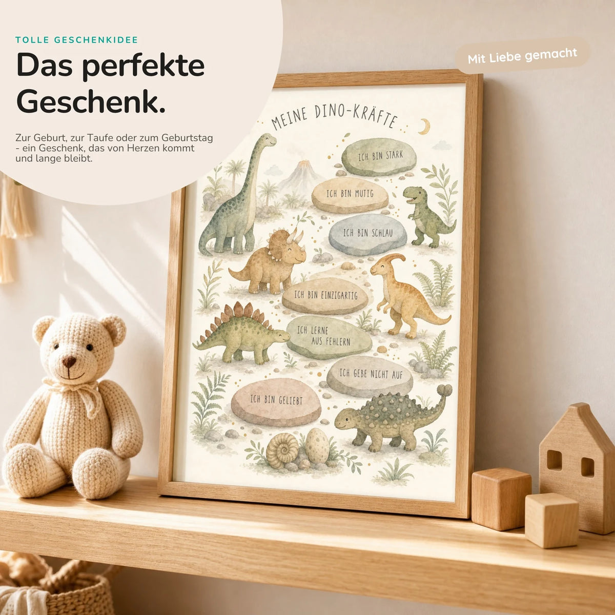 Affirmationsposter „Dino-Kräfte“ mit Teddy – Geschenk zur Geburt oder Taufe