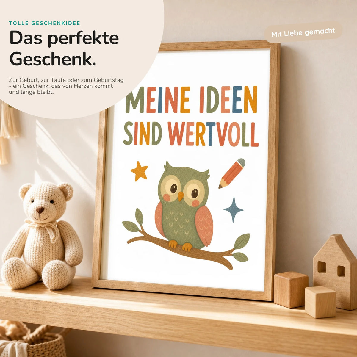 Affirmationsposter „Eule Meine Ideen sind wertvoll“ mit Teddy – Geschenk zur Geburt oder Taufe