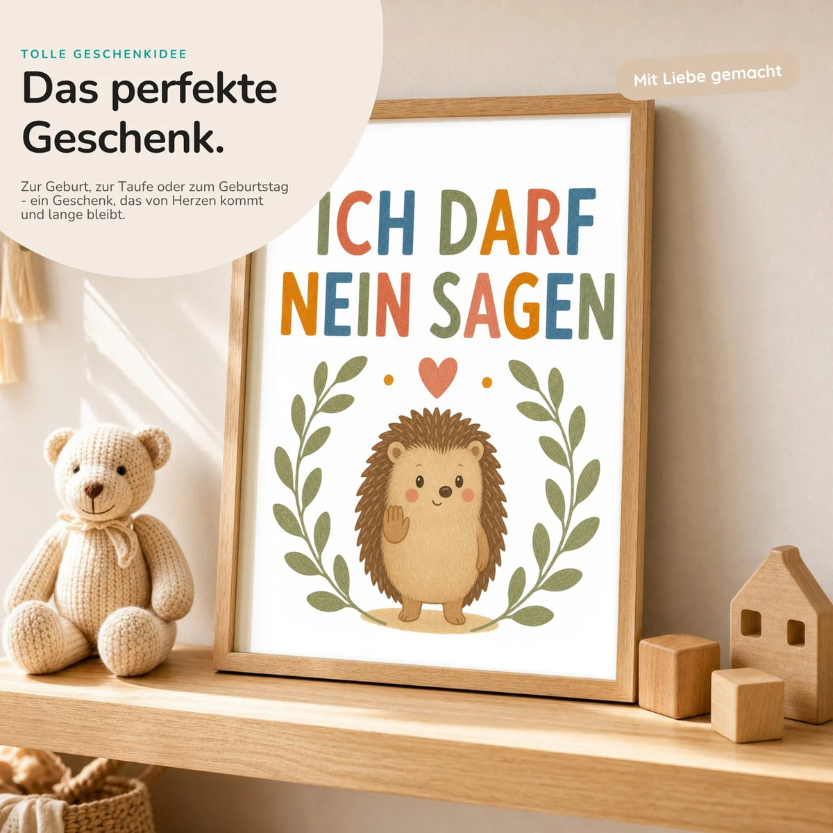 Affirmationsposter „Igel Ich darf nein sagen“ mit Teddy – Geschenk zur Geburt oder Taufe