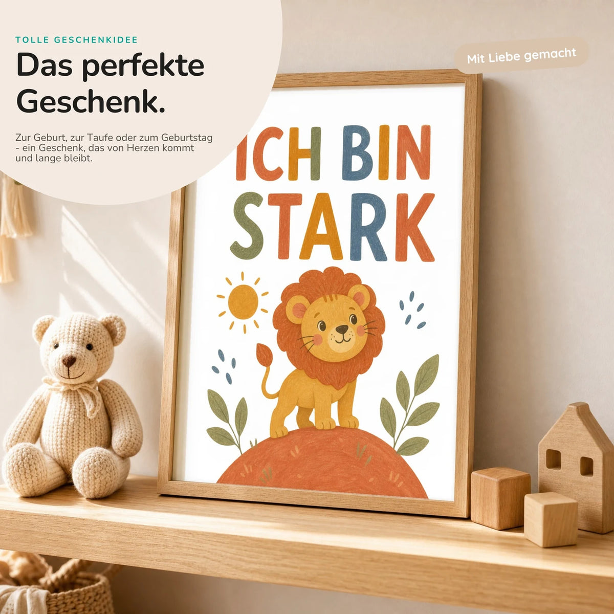 Affirmationsposter „Löwe Ich bin stark“ mit Teddy – Geschenk zur Geburt oder Taufe