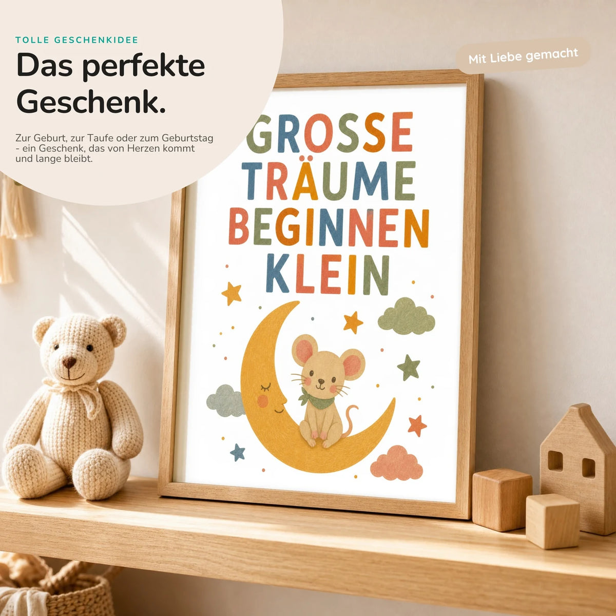 Affirmationsposter „Maus Große Träume“ mit Teddy – Geschenk zur Geburt oder Taufe