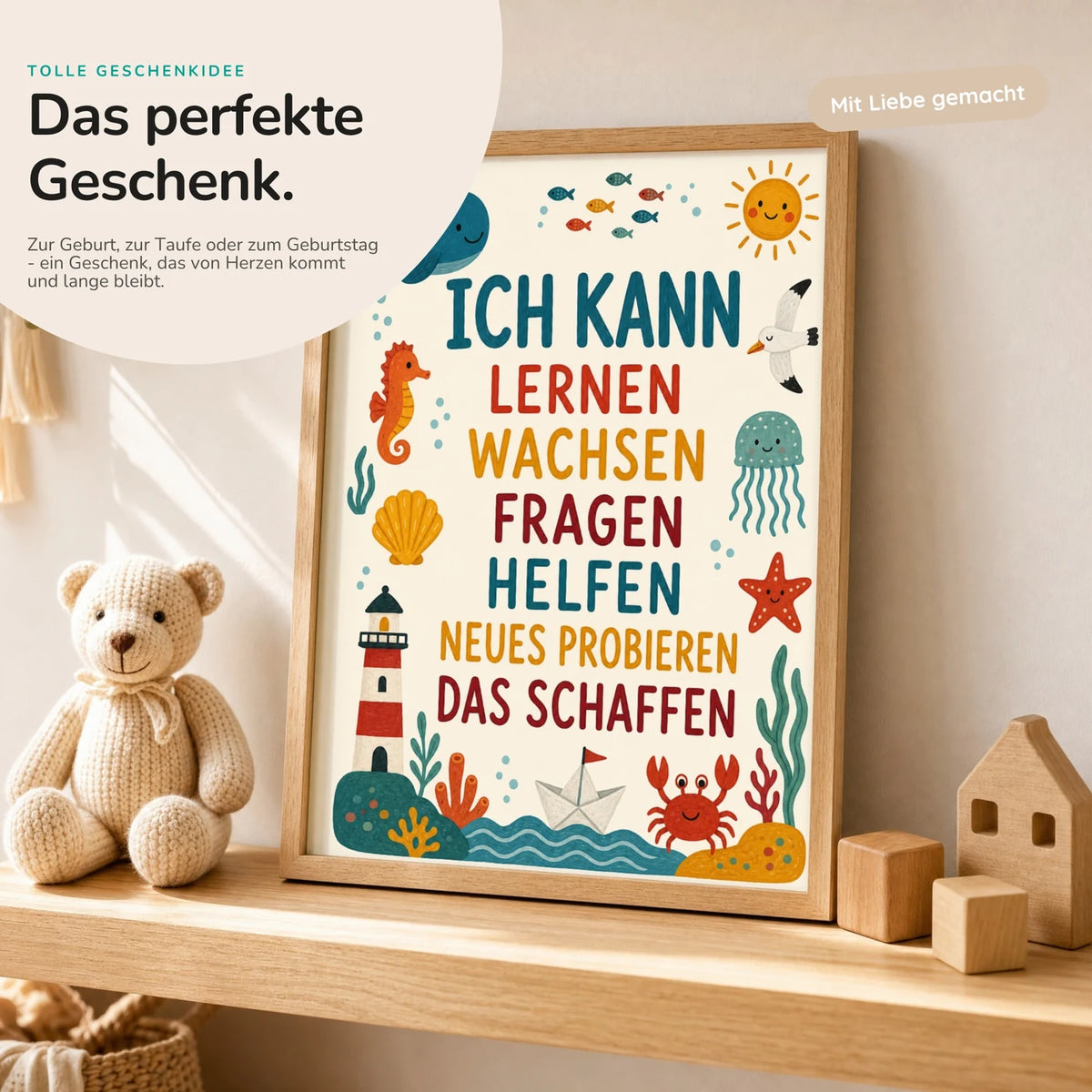 Affirmationsposter „Meer Ich kann lernen“ mit Teddy – Geschenk zur Geburt oder Taufe