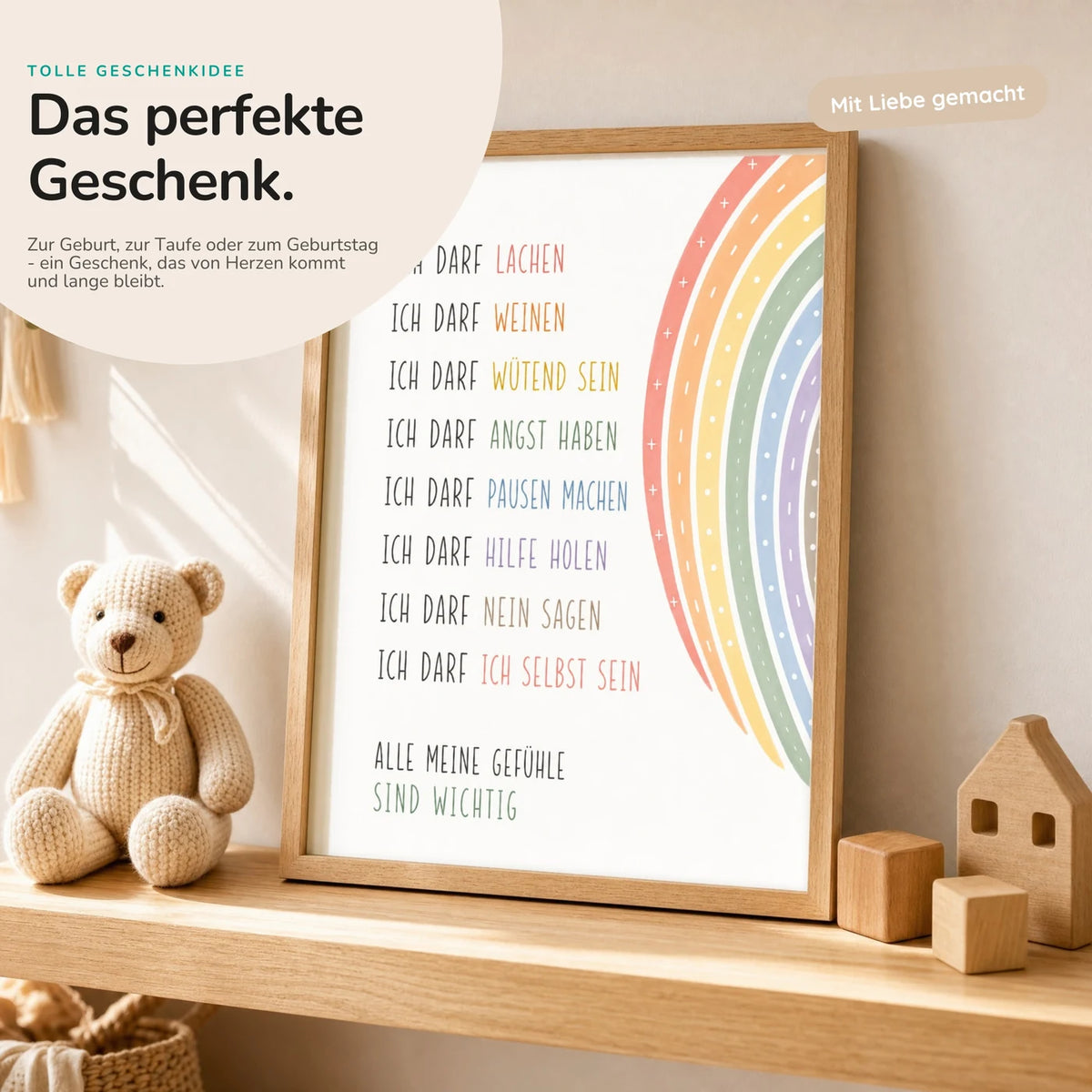 Affirmationsposter „Minimal Ich darf“ mit Teddy – Geschenk zur Geburt oder Taufe