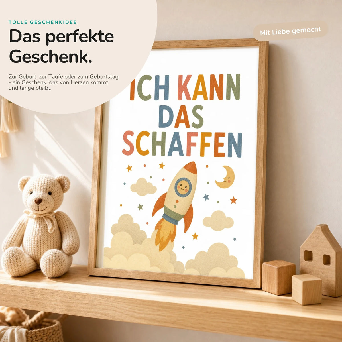 Affirmationsposter „Rakete Ich kann das schaffen“ mit Teddy – Geschenk zur Geburt oder Taufe
