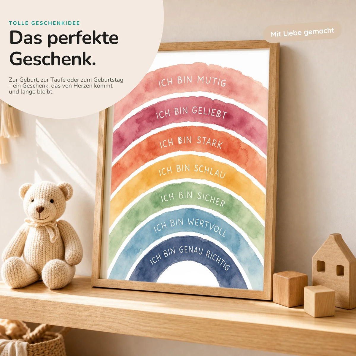 Affirmationsposter „Regenbogen Ich bin bunt“ mit Teddy – Geschenk zur Geburt oder Taufe