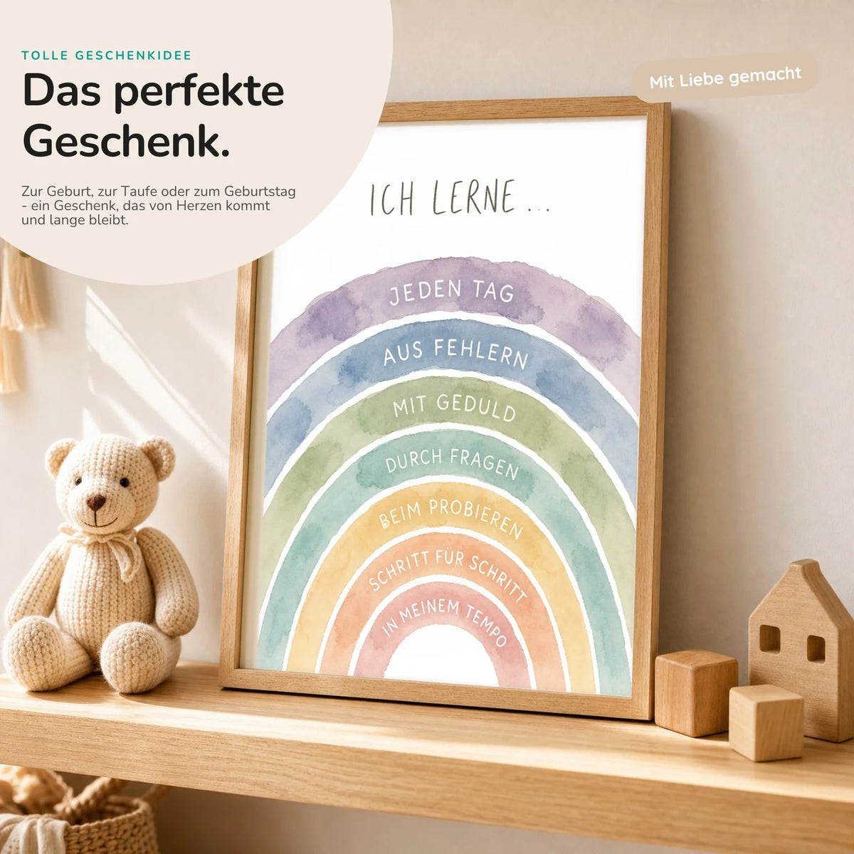 Affirmationsposter „Regenbogen Ich lerne“ mit Teddy – Geschenk zur Geburt oder Taufe
