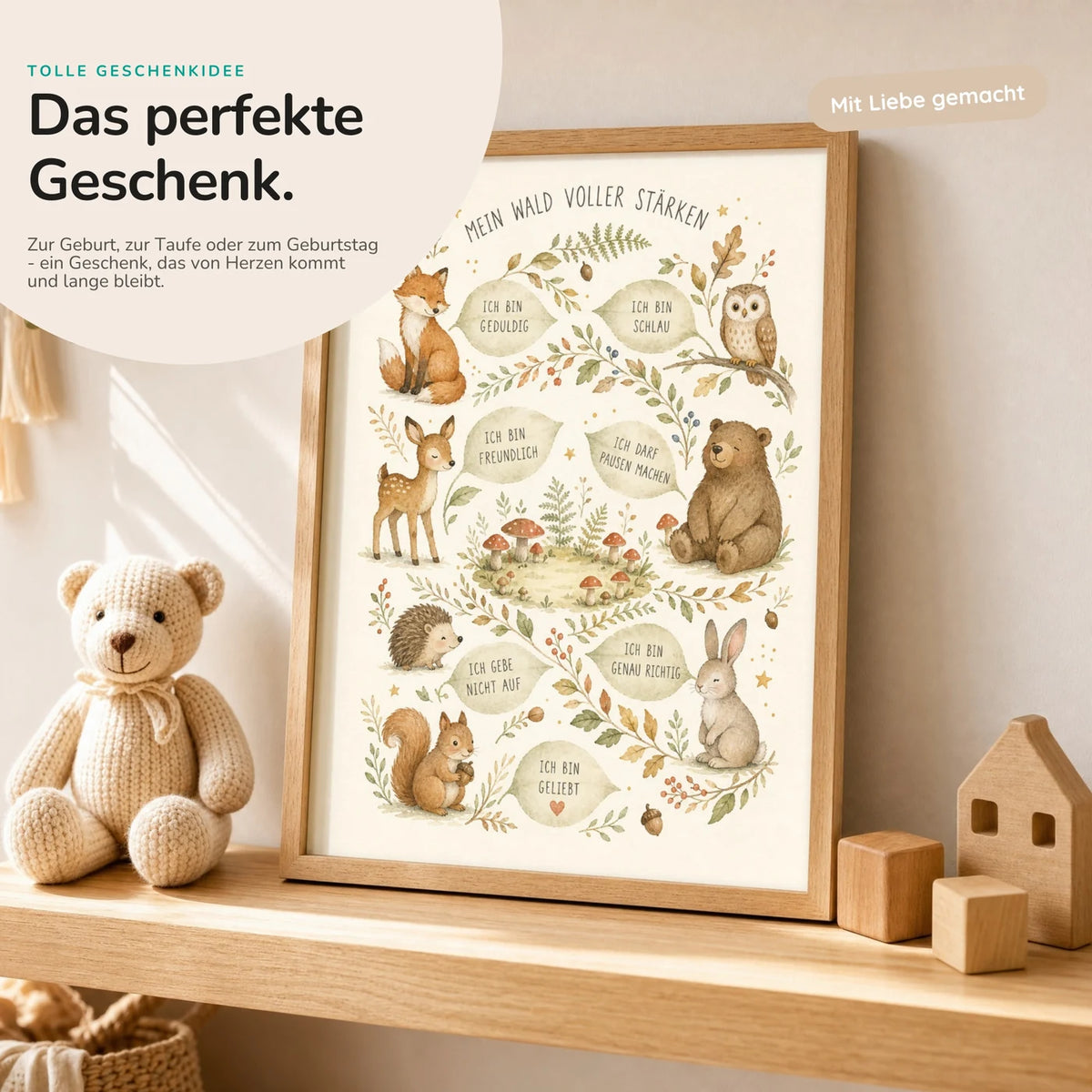 Affirmationsposter „Wald voller Stärken“ mit Teddy – Geschenk zur Geburt oder Taufe