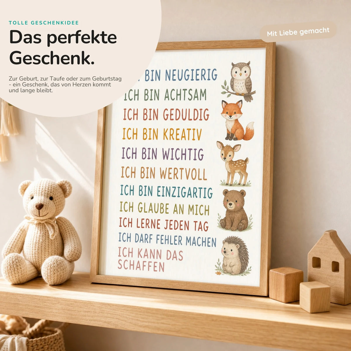 Affirmationsposter „Waldtiere“ mit Teddy – Geschenk zur Geburt oder Taufe