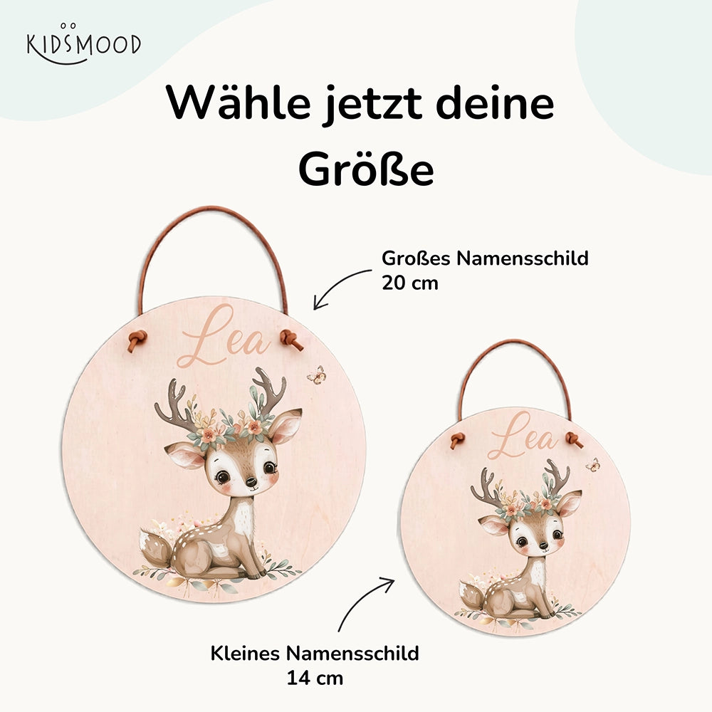 Türschild Kinderzimmer personalisiert mit Name Rehkitz mit Blumenkrone