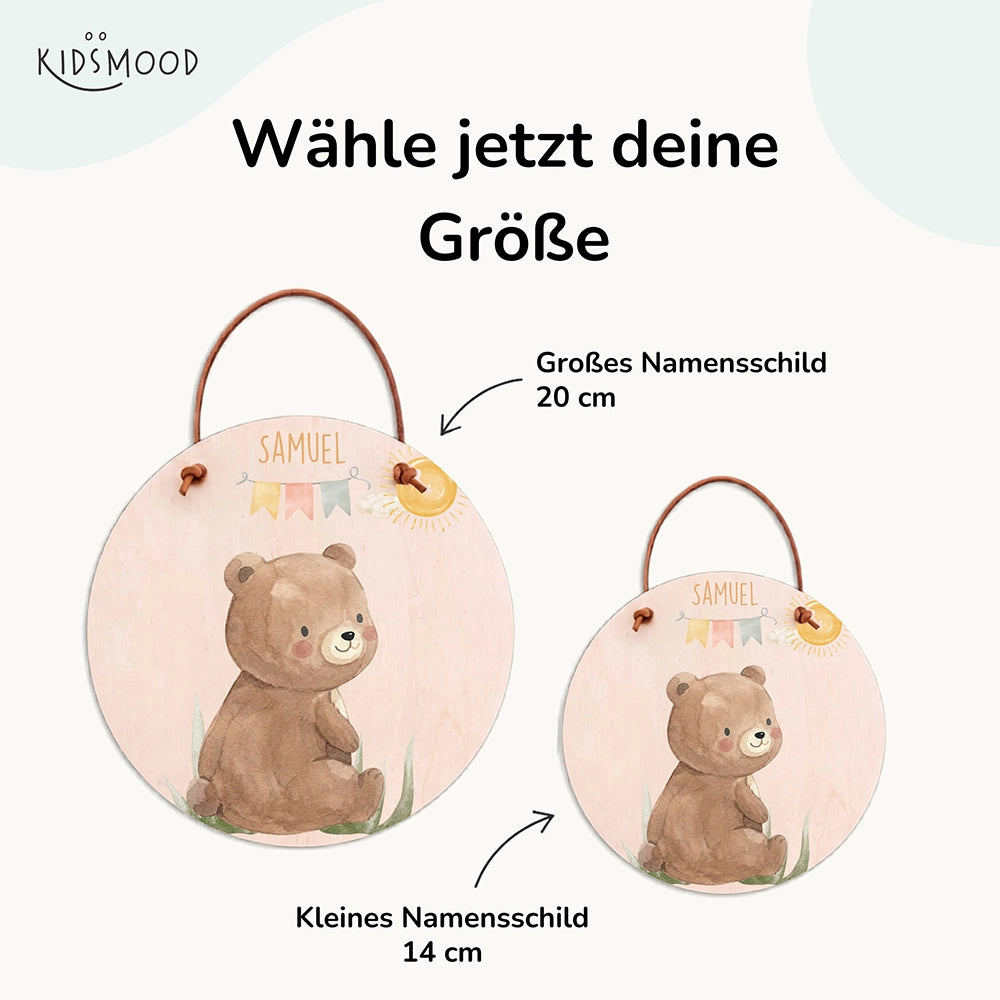 Türschild Kinderzimmer personalisiert mit Name Bär mit Wimpelkette