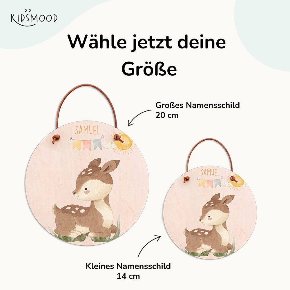 Türschild Kinderzimmer personalisiert mit Name Reh mit Wimpelkette