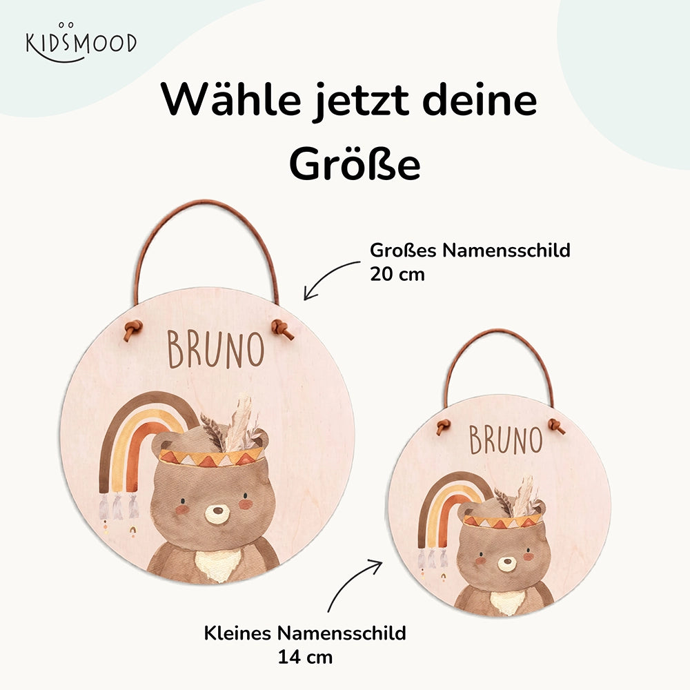 Türschild Kinderzimmer personalisiert mit Name Bär mit Regenbogen