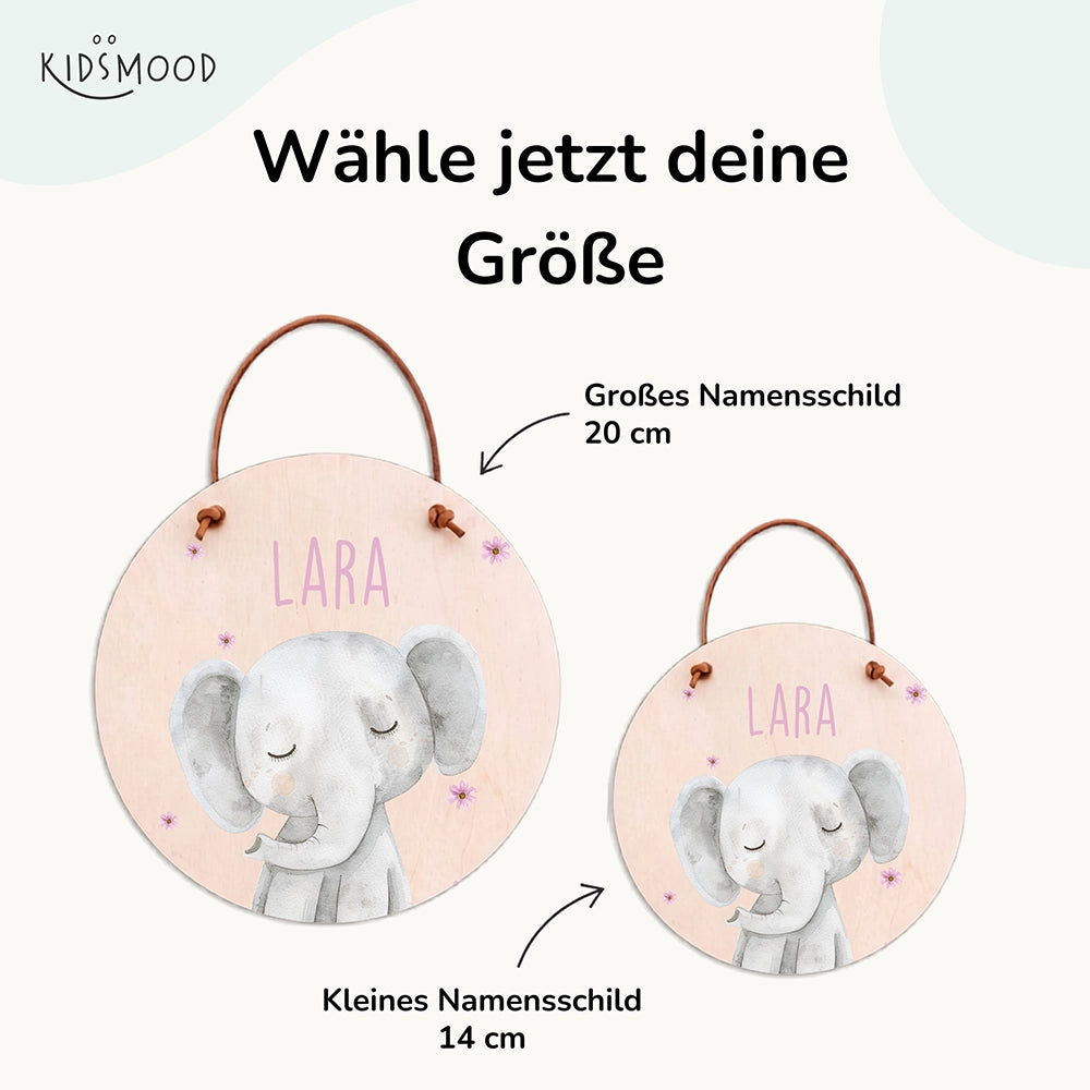 Türschild Kinderzimmer personalisiert mit Name Elefant mit Blüten