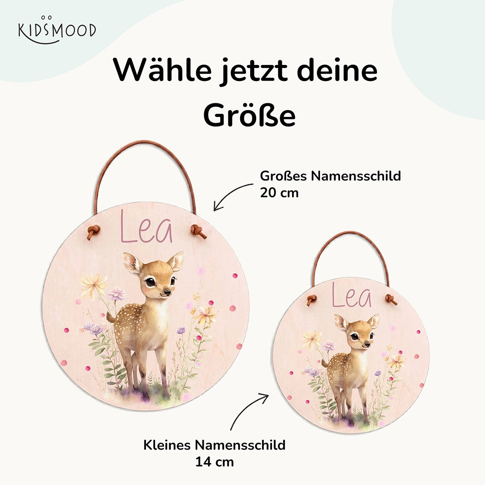 Türschild Kinderzimmer personalisiert mit Name Reh mit Wildblumen