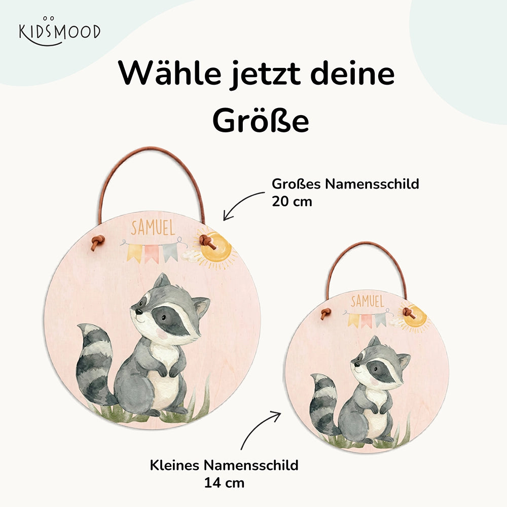 Türschild Kinderzimmer personalisiert Waschbär mit Wimpelkette