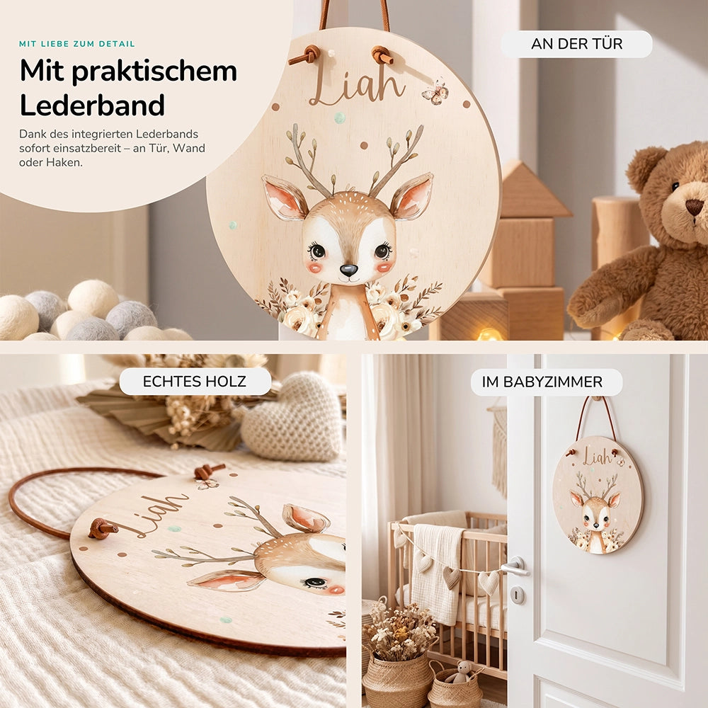Türschild Kinderzimmer personalisiert mit Name Hirsch mit Blumen