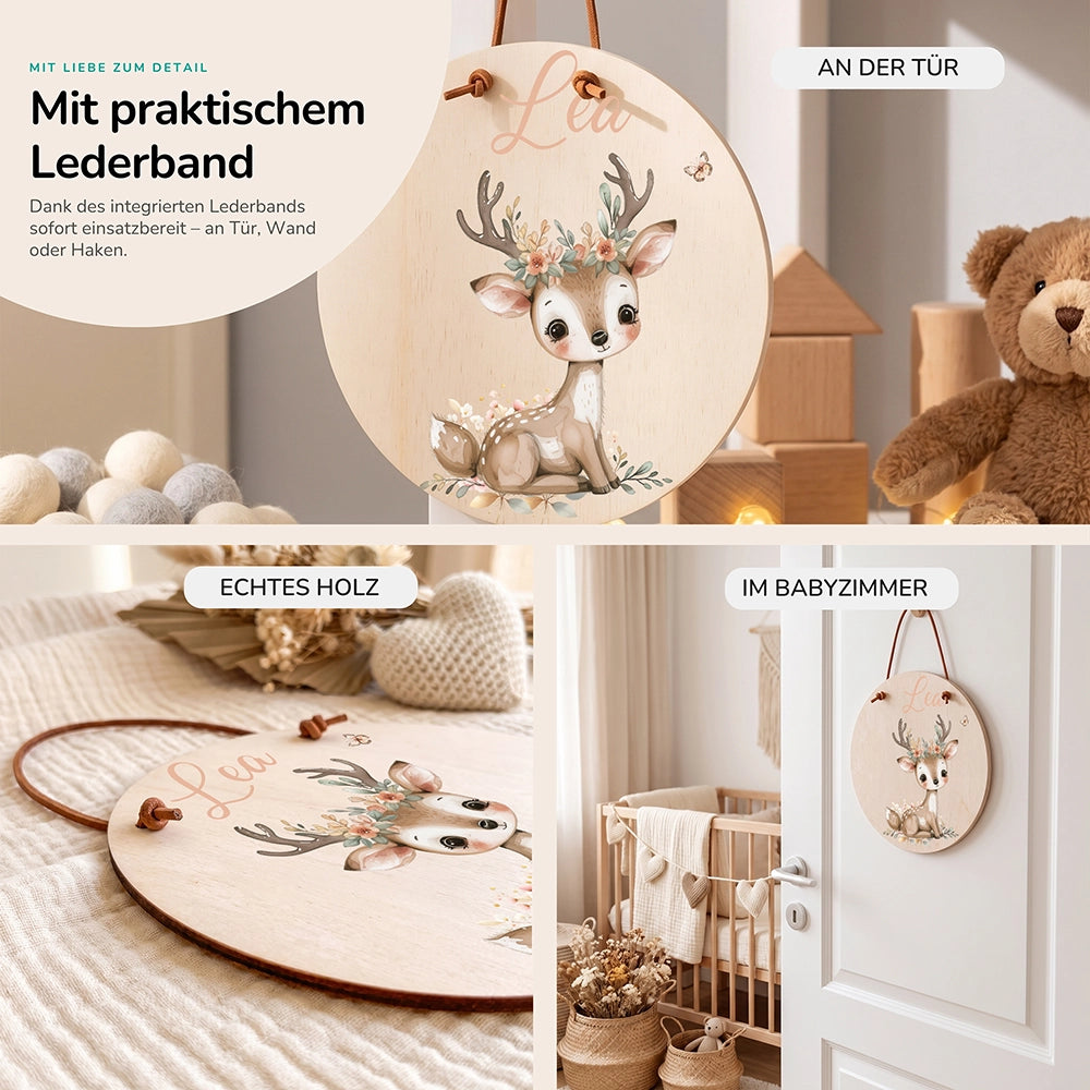 Türschild Kinderzimmer personalisiert mit Name Rehkitz mit Blumenkrone