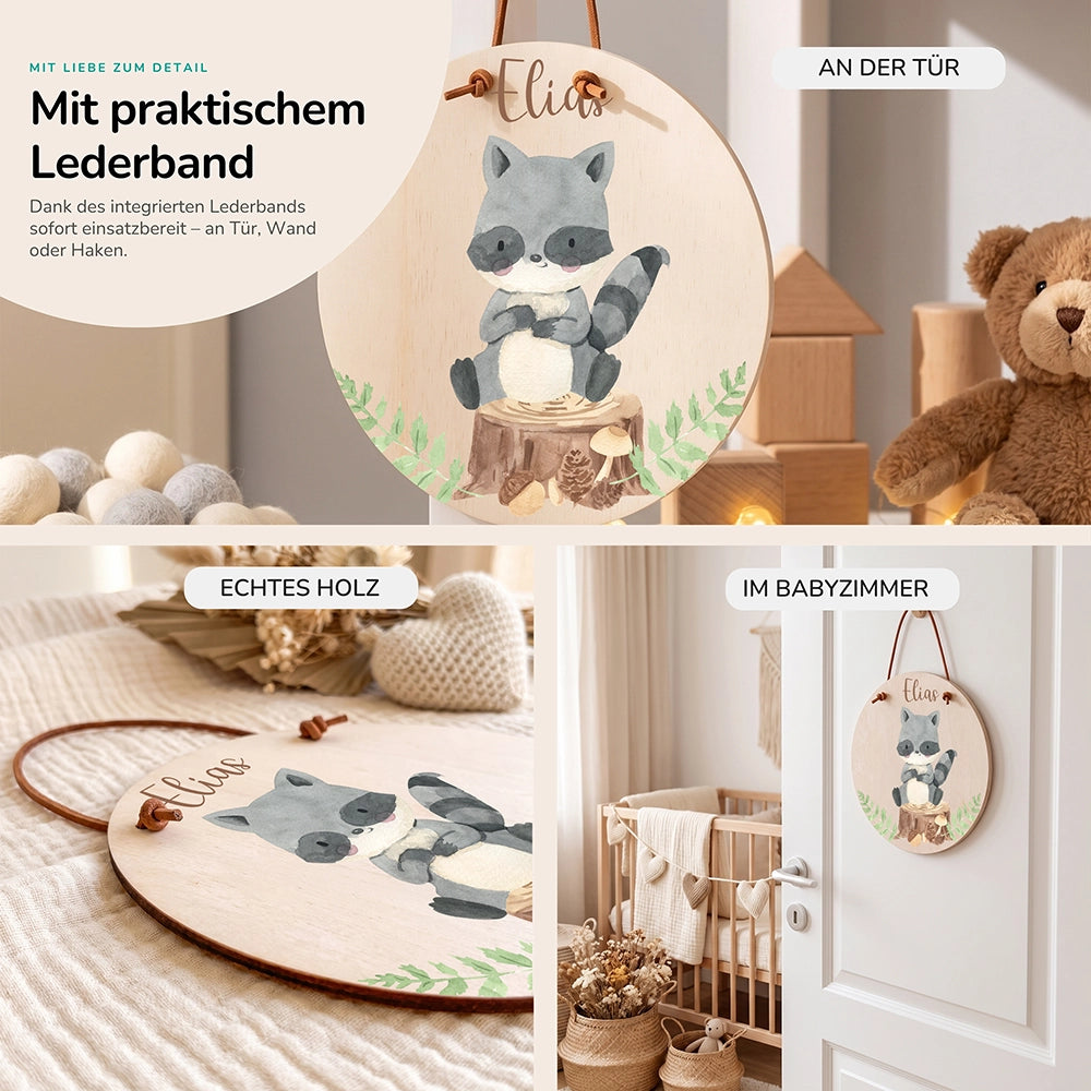 Türschild Kinderzimmer personalisiert mit Name Waschbär im Wald