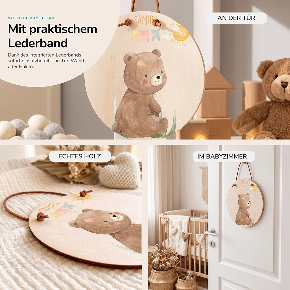 Türschild Kinderzimmer personalisiert mit Name Bär mit Wimpelkette