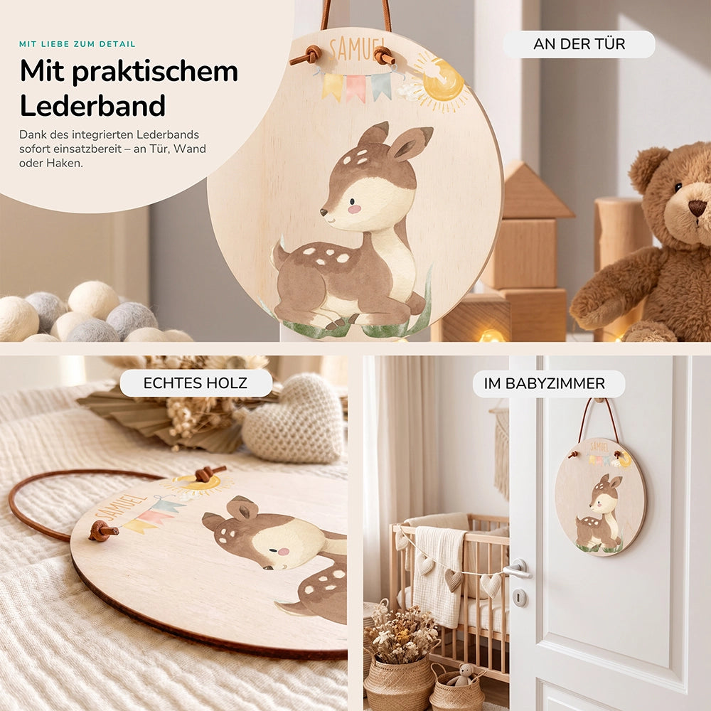 Türschild Kinderzimmer personalisiert mit Name Reh mit Wimpelkette