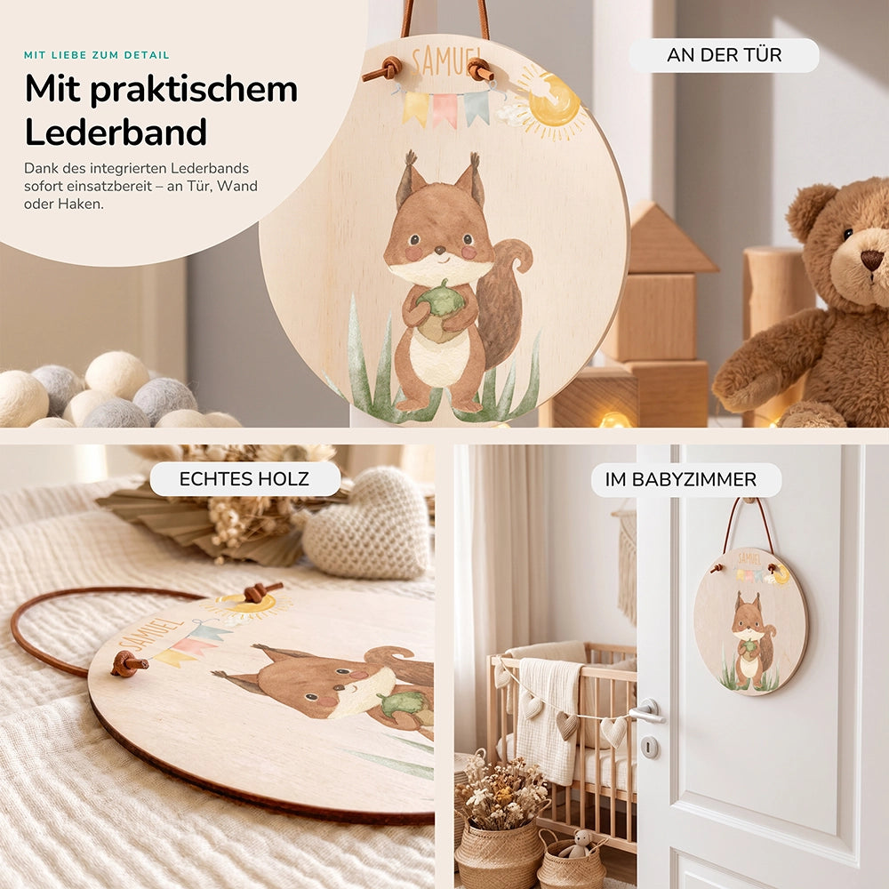 Türschild Kinderzimmer personalisiert Eichhörnchen mit Wimpelkette