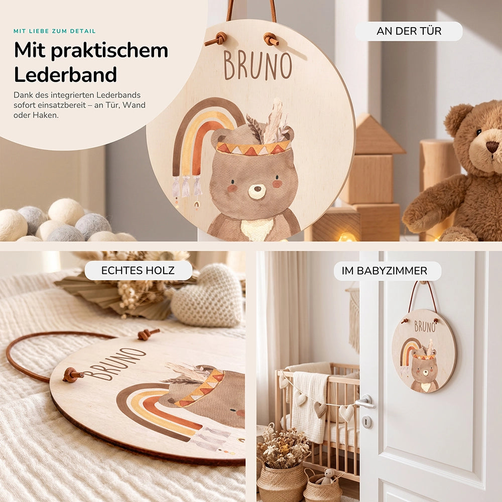 Türschild Kinderzimmer personalisiert mit Name Bär mit Regenbogen