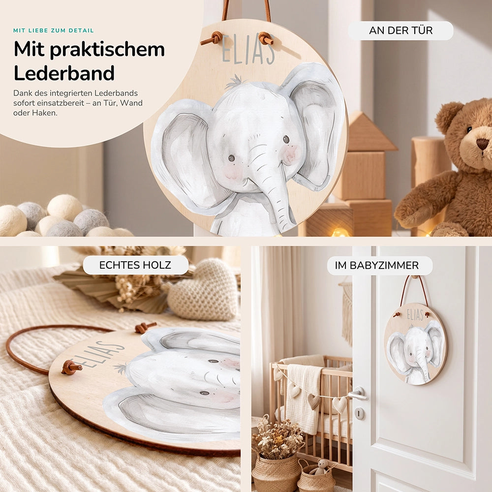 Türschild Kinderzimmer personalisiert mit Name Elefant Porträt