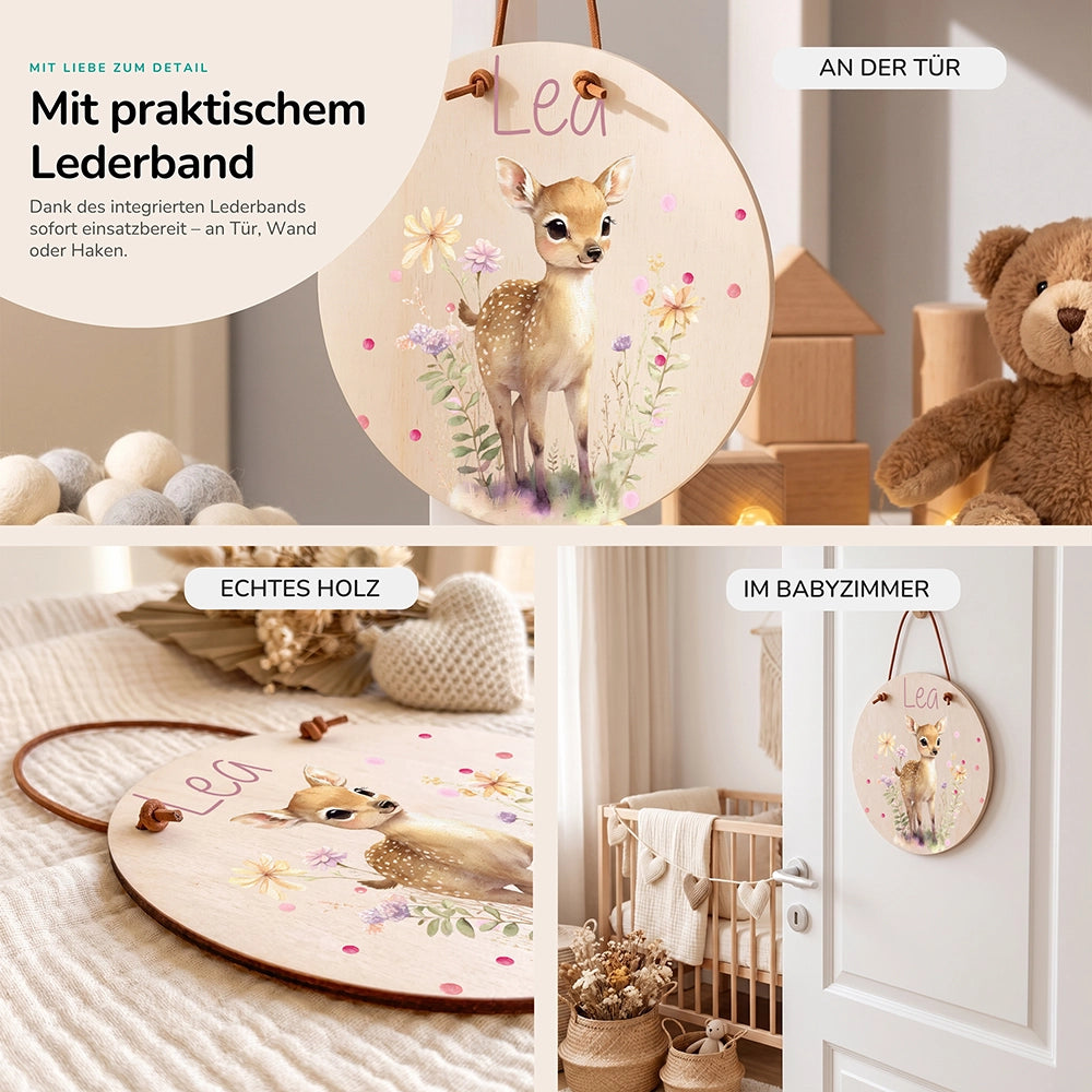 Türschild Kinderzimmer personalisiert mit Name Reh mit Wildblumen