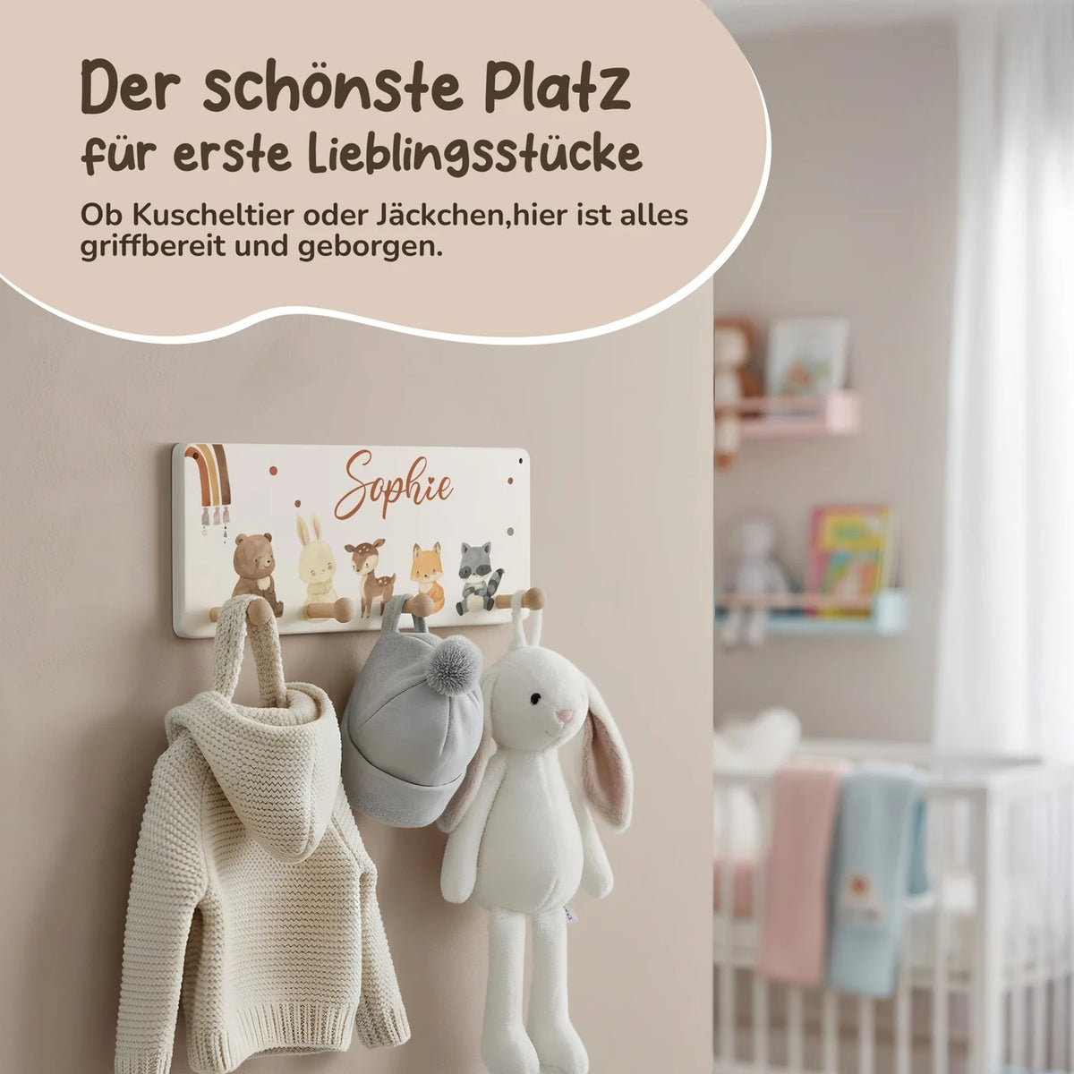Kindergarderobe Holz personalisiert - Boho Tierfamilie Regenbogen