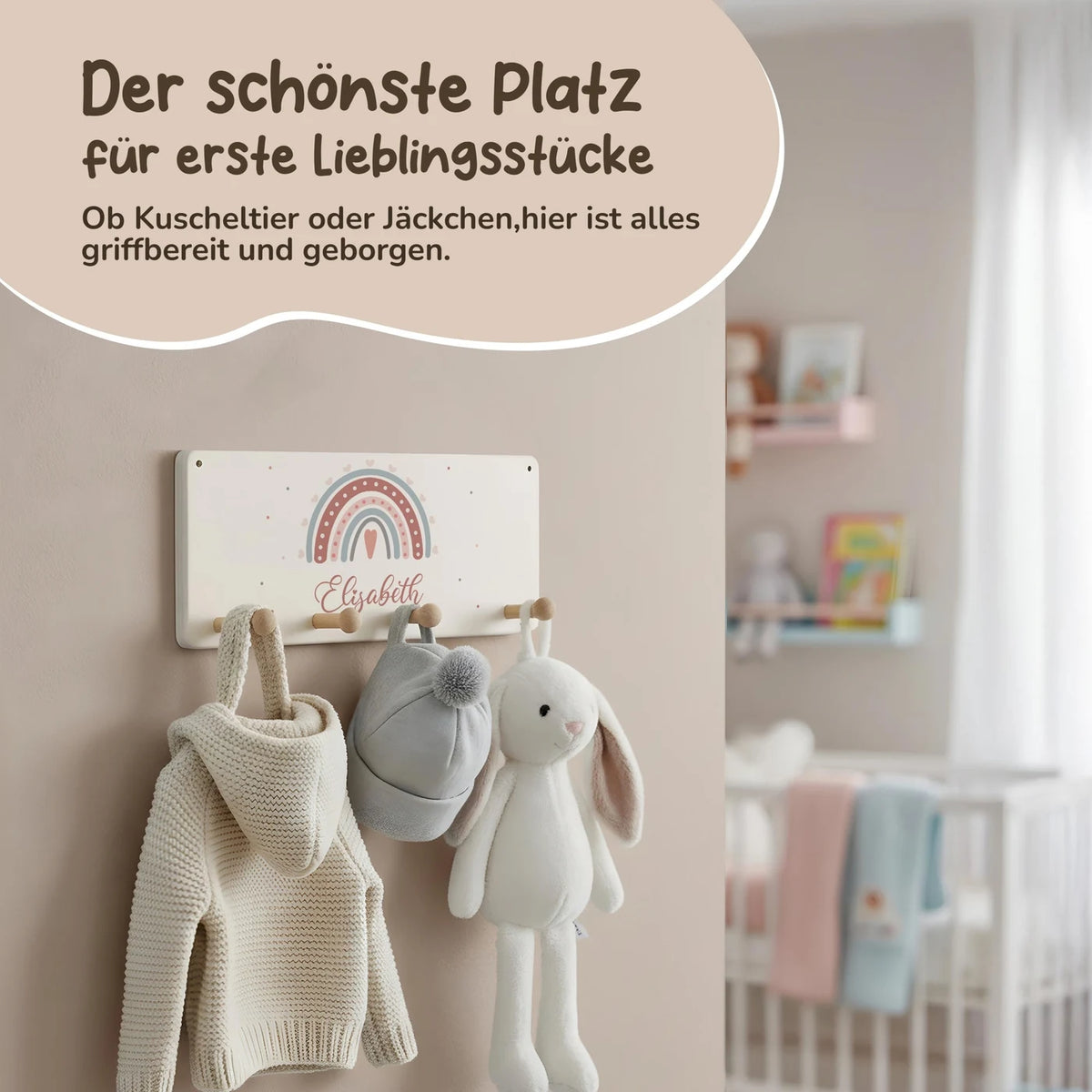 Kindergarderobe Holz personalisiert - Regenbogen