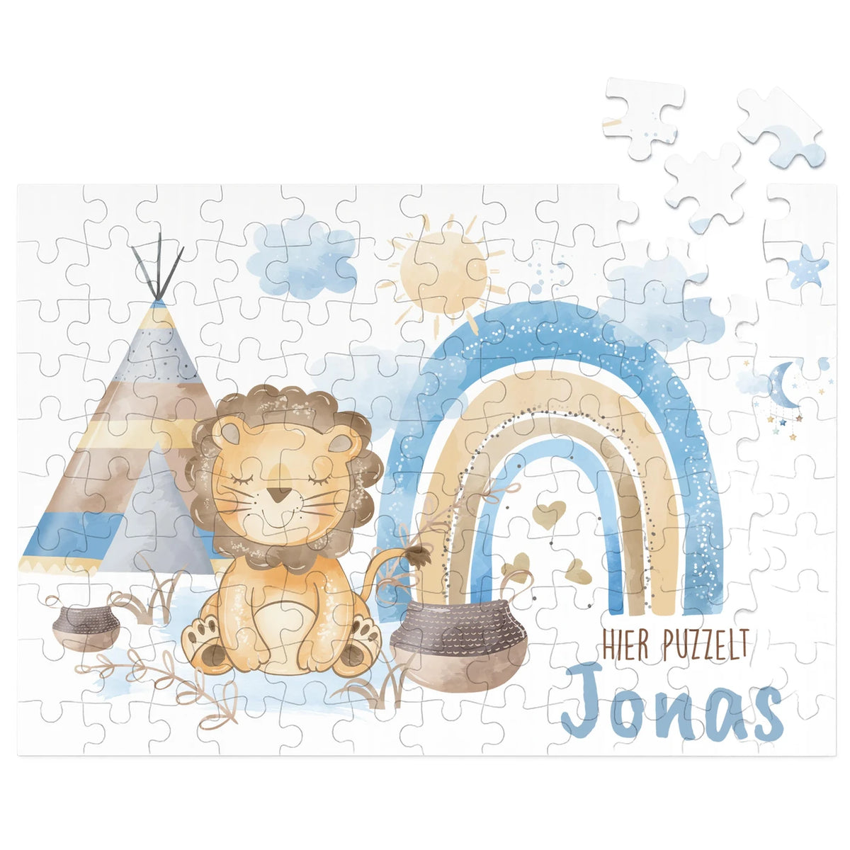 Kinderpuzzle personalisiert mit Namen - Löwe mit Regenbogen